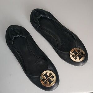 Tory Burch Black Flats with Gold Logo